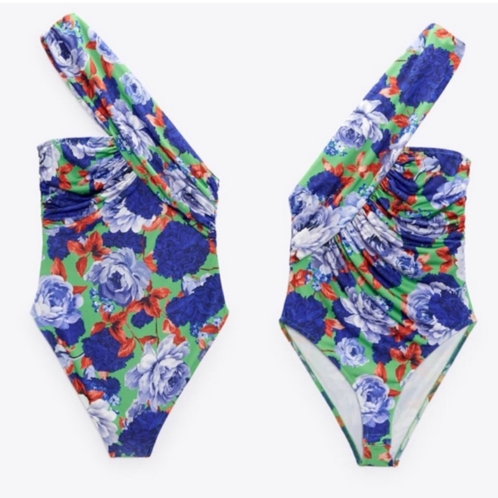ZARA BLUE MULTI FLORAL ASYMMETRICAL BODYSUIT! - Picture 6 of 10